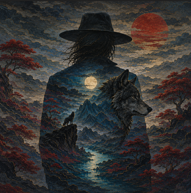 A surreal illustration of a figure in a wide-brimmed hat with a wolf's head silhouette merged into a misty mountain landscape, featuring a red sun, moon, and a howling wolf on a cliff.
