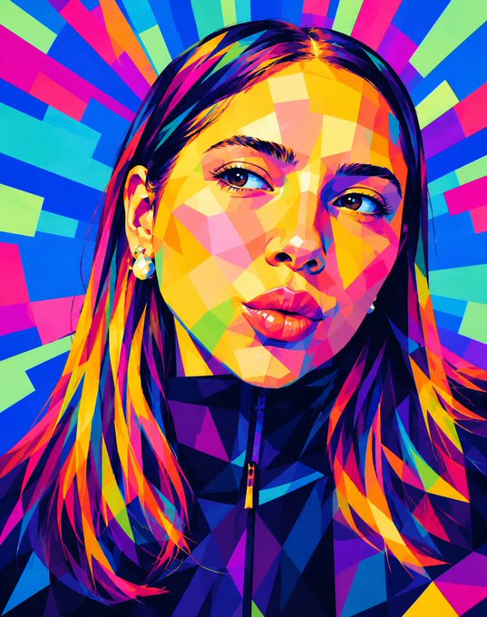 A colorful, geometric pop-art style portrait of a young woman with long brown hair and pearl earrings, set against a vibrant background of radiating rectangular shapes.
