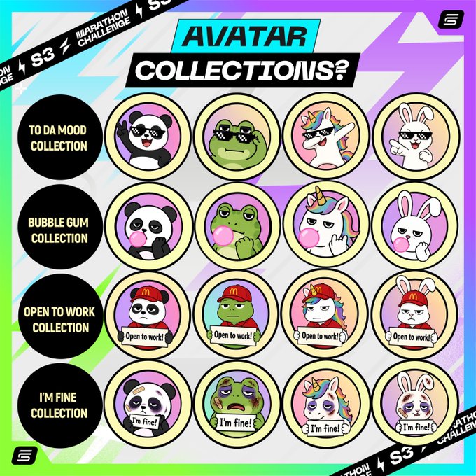 A colorful graphic titled 'AVATAR COLLECTIONS?' showcasing four themed sets—'TO DA MOOD,' 'BUBBLE GUM,' 'OPEN TO WORK,' and 'I'M FINE'—featuring cartoon animals like a panda, frog, unicorn, and rabbit in matching poses.