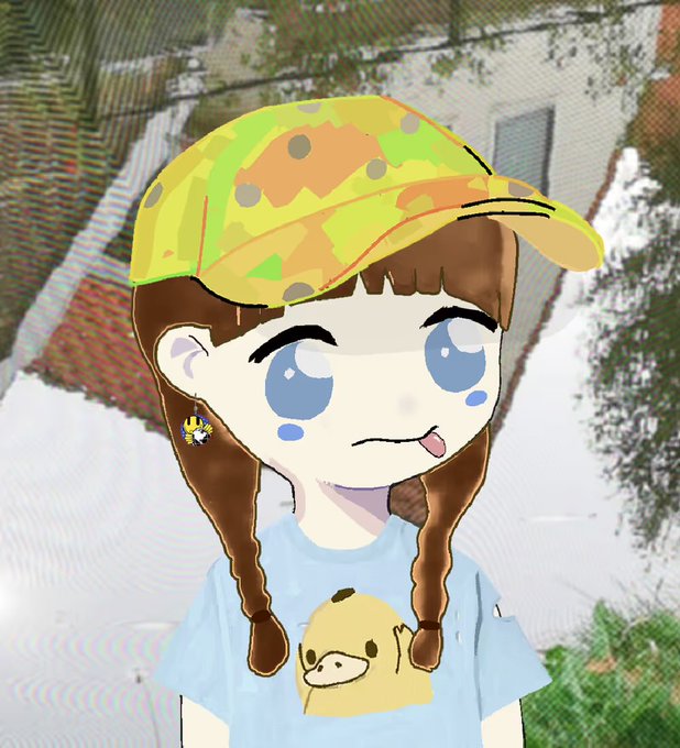 An illustration of a young anime-style character with brown braided hair, wearing a yellow patterned cap and a light blue t-shirt featuring a giraffe graphic, set against a blurred outdoor background.