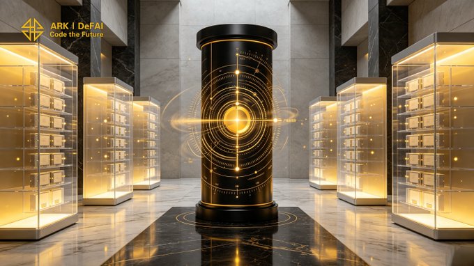 A sleek black and gold cylindrical pillar featuring glowing circuitry and an illuminated orb stands at the center of a futuristic marble hall lined with server racks, with the "ARK | DeFAI - Code the Future" logo and tagline in the top-left corner, visually representing the advanced AI-driven technology of the Arkie AI App ecosystem.