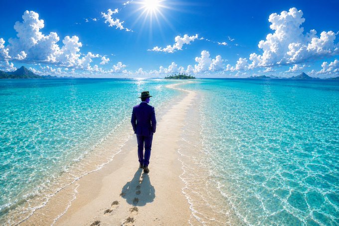A person in a dark blue suit and hat walks along a narrow sandbar surrounded by bright turquoise ocean water, heading toward a small island under a sunny blue sky with scattered clouds.