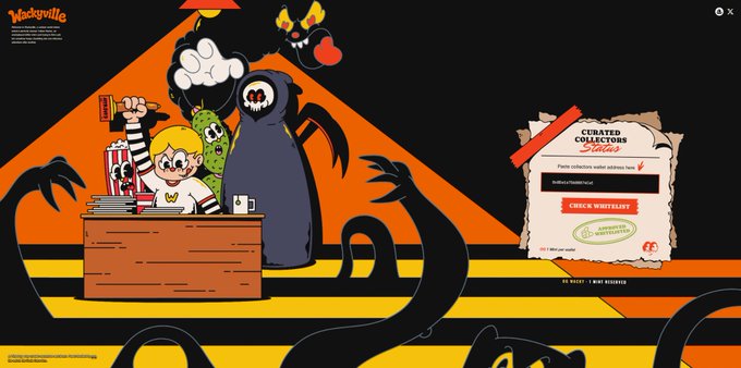 A colorful 'Wackyville' NFT mint page featuring cartoon characters including a grim reaper and popcorn, showing a 'Curated Collectors Status' whitelist section for wackyville.xyz.