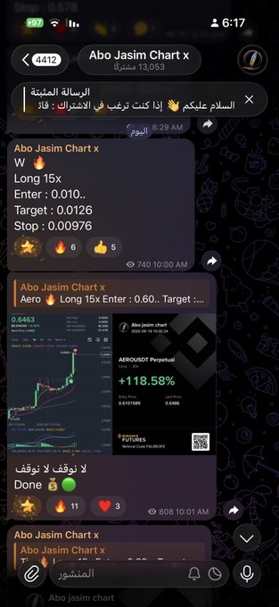 Telegram screenshot from 'Abo Jasim Chart x' channel showing crypto trading signals with entries, targets, and stops, including a chart showing +118.58% gain.