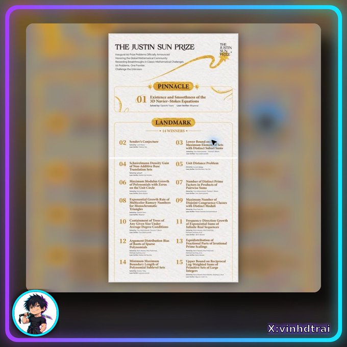 An infographic titled 'THE JUSTIN SUN PRIZE' listing mathematical challenges in a 'PINNACLE' category featuring 'Existence and Smoothness of the 3D Navier-Stokes Equations' and 14 'LANDMARK' winners, with the X handle @vinhdtrai.