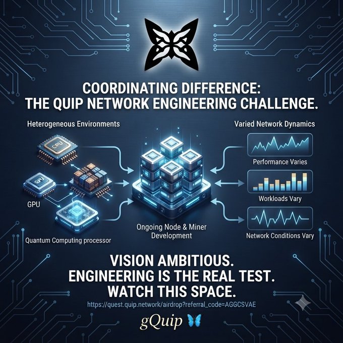 A futuristic circuit-themed graphic promoting gQuip and the Quip Network, featuring a butterfly logo and a central server cluster connected to icons labeled "Heterogeneous Environments" (CPU, GPU, Quantum Computing processor) and "Varied Network Dynamics" (Performance/Workloads/Network Conditions Vary), with the headline "COORDINATING DIFFERENCE: THE QUIP NETWORK ENGINEERING CHALLENGE" and the tagline "VISION AMBITIOUS. ENGINEERING IS THE REAL TEST. WATCH THIS SPACE." along with the referral link "https://quest.quip.network/airdrop?referral_code=AGGCSV4E" and "gQuip" branding. The image visually reinforces the post's message about the difficult engineering challenge of coordinating Quip Network's technology across diverse hardware and workloads.