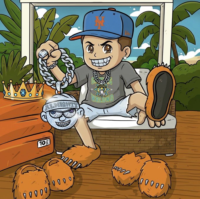 A cartoon-style illustration of a young boy wearing a Mets cap and a wolf-graphic t-shirt, sitting on a beach chair holding a large chain and a metallic head, with a crown, coconuts, and lush tropical scenery in the background.