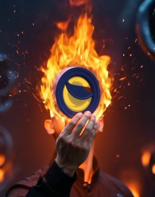 A dramatic digital illustration of a hand holding a flaming cryptocurrency-style coin featuring a crescent logo, with sparks and embers surrounding it against a dark background.