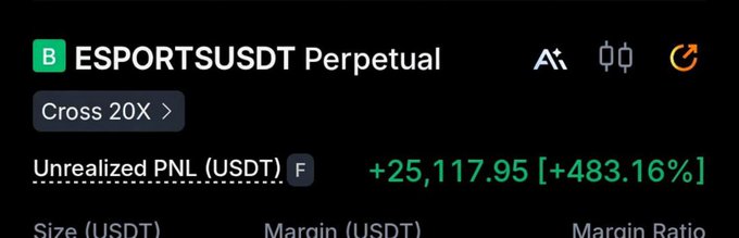 The image shows a Binance perpetual futures position for the ESPORTSUSDT trading pair on Cross 20X leverage, displaying an unrealized profit of +$25,117.95 (+483.16%)—aligning with the post's claim of a successful $25,000 scalp trade on $ESPORTS with high accuracy.
