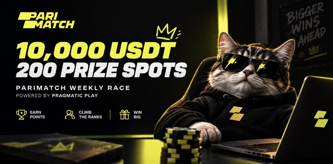 A promotional banner for 'PARI MATCH' featuring a cat wearing sunglasses and a hoodie next to a laptop, advertising a '10,000 USDT' prize pool and '200 PRIZE SPOTS' for a weekly race.