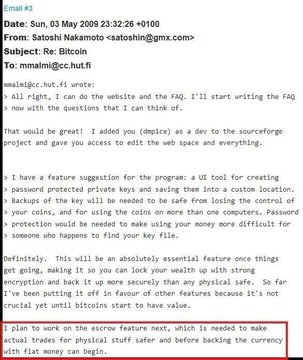 Email dated Sun, 03 May 2009 from Satoshi Nakamoto to mmalmi at cc.hut.fi discussing the bitcoin sourceforge project and suggesting to escrow physical currency before backing it with fiat money.