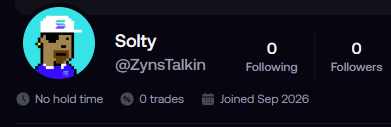 User profile for 'Solty' (@ZynsTalkin) showing 0 following, 0 followers, no hold time, 0 trades, and joined Sep 2026, with a pixelated avatar.