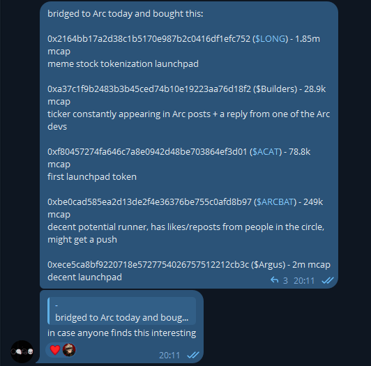 Telegram message screenshot listing crypto tokens bridged to Arc: $LONG (1.85m mcap), $BUILDERS (28.9k mcap), $ACAT (78.8k mcap), $ARCBAT (249k mcap), and $Argus (2m mcap).