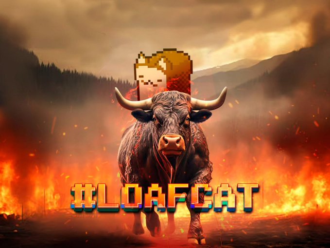 A pixel art cat character riding on the back of a charging bull amid flames and smoke, with "$LOAFCAT" displayed in colorful pixel-style text at the bottom.