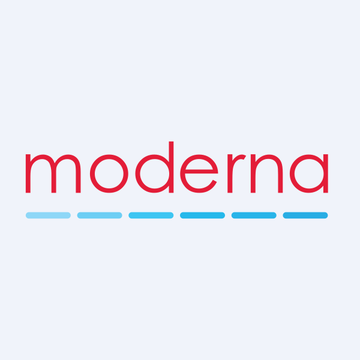 The image displays the Moderna logo, featuring the company name "moderna" in lowercase red text with a blue and light blue dashed line beneath it. This relates to the post highlighting $MRNA as a trending stock, surging 130% likely due to its breakthrough cancer vaccine developments.