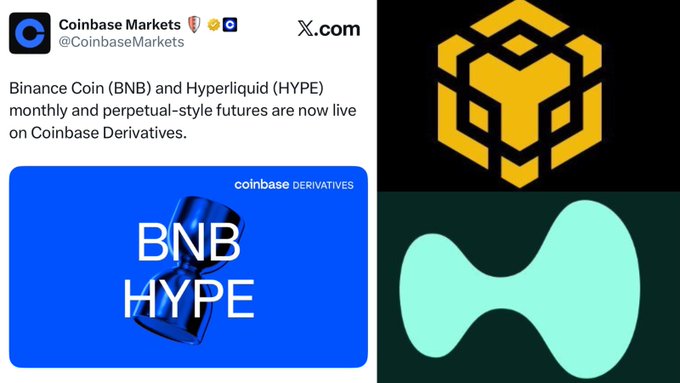 The image features a post from Coinbase Markets announcing that they are launching a new cryptocurrency called BNB HYPE, which will be available for trading starting next month. The post also mentions that the coinbase derivatives platform will be live on Coinbase Derivatives in the coming months.