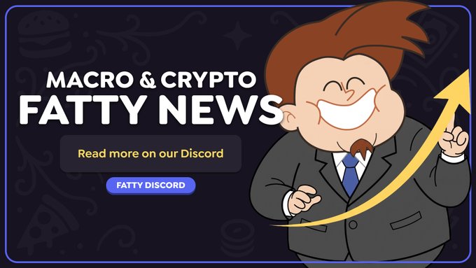 A cheerful cartoon mascot in a business suit stands next to an upward-trending arrow alongside bold text reading "MACRO & CRYPTO FATTY NEWS," with a "FATTY DISCORD" button directing viewers to join the community for more news. The bullish imagery aligns perfectly with the post's announcement of weekly macro and crypto updates covering inflation, geopolitics, and market movements.