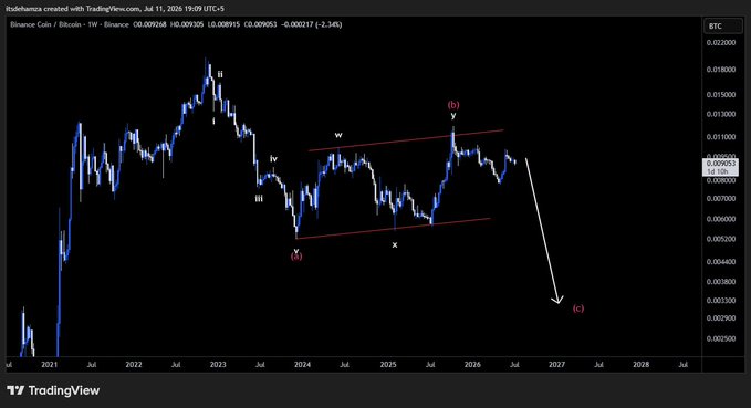 **Caption:** A weekly Binance Coin (BNB/BTC) chart from TradingView dated July 11, 2025, shows BTC priced at 0.009053, with Elliott Wave labels (i–v, w–x–y, (c)) tracking a descending broadening/symmetrical wedge pattern pointing toward a major (c) wave crash target well below current levels.

**Relation to the post:** The Elliott Wave labeling visually supports the author's bearish thesis, with the projected "(c)" wave arrow forecasting the 40%+ drop toward $400 and beyond, aligning with the warned $250–$150 ideal targets.