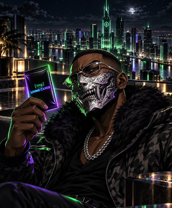 A digital illustration depicts a man with a silver skull-like mask and fur-collared jacket holding a neon-lit card labeled '[Img] LIVING CARDS', set against a vibrant, futuristic nighttime cityscape.
