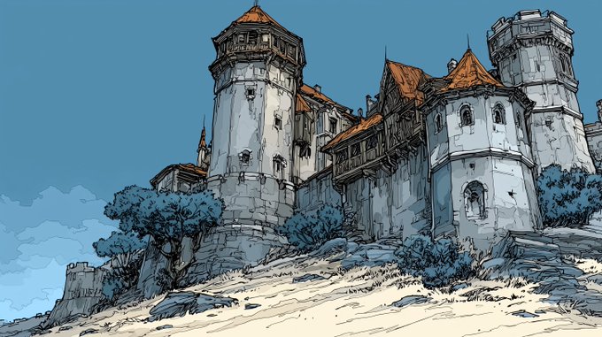 A digital sketch of a large, medieval-style castle with white walls and orange-tiled roofs, situated on a grassy hill under a blue sky.