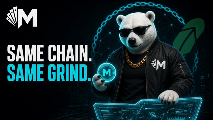 A promotional image featuring a white bear wearing sunglasses and a gold chain holding an 'M' token, with the text 'SAME CHAIN. SAME GRIND.' and a stylized 'M' logo on a dark blue background.