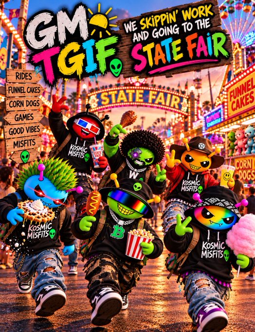 A vibrant, colorful illustration of cartoon aliens and characters at a state fair, featuring text "GM TGIF. WE SKIPPING WORK AND GOING TO THE STATE FAIR" and signs for rides, funnel cakes, and corn dogs.