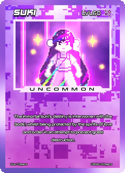 A pixel art trading card labeled 'SUKI' at LVL60 with 'UNCOMMON' rarity, showing a pink-haired character and text describing 'The immortal Suki's destiny is interwoven with the Gods, whilst being protected by the spirits of love and order in an attempt to prevent great destruction.' (illus. Timpers, ©2024 Chimpers)