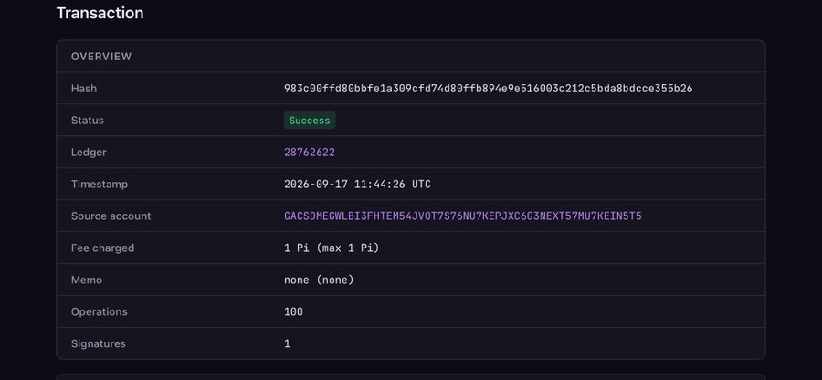 A cryptocurrency transaction details screen on a Stellar blockchain explorer showing a successful transaction with hash 983c80ffd80bbfe1a309c..., ledger 28762622, timestamp 2026-09-17, and a fee of 1 Pi.