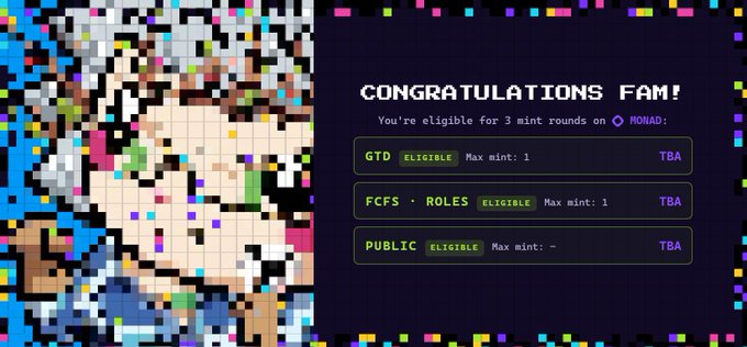 A congratulations screen with pixel art on the left reading 'CONGRATULATIONS FAM!' and details about 3 mint rounds on RONAO, including GTD, FCFS + ROLES, and PUBLIC eligibility.