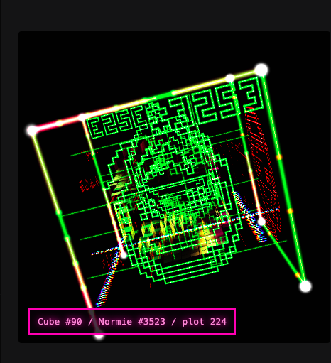 A digital visualization showing a green wireframe cube structure with red and yellow elements, labeled 'Cube #90 / Normie #3523 / plot 224'.