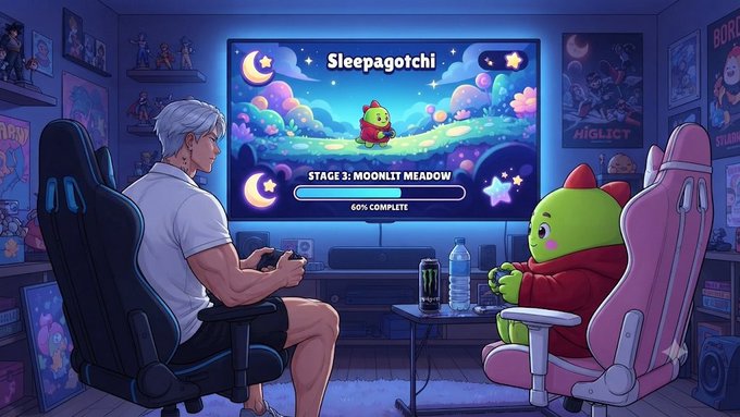 An anime-style illustration shows a person gaming next to a green character in a pink chair; the screen displays 'Sleepagotchi' with 'STAGE 3: MOONLIT MEADOW' and '40% COMPLETE'.
