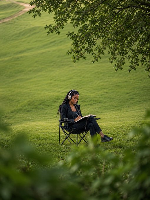 A woman in a dark blazer sits on a folding chair in a lush green field, wearing headphones while writing in a notebook under the shade of overhanging tree branches.