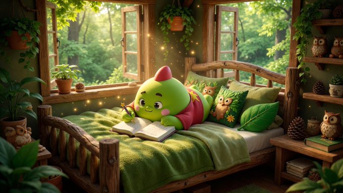 A cute green cartoon character lies on a wooden bed in a cozy forest cabin, writing in a book, surrounded by plants, owls, and sunlit windows.