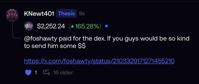 A Discord message from user KNewt401 (with "Thesis" role) shows a token price of $2,252.24 (+165.28%) and includes a call for community members to send money to @foshawty, as referenced in the accompanying post thanking him for the $CARDS token at contract 0xc933111439338ebfe3eccbb736dd39f24af1356d.