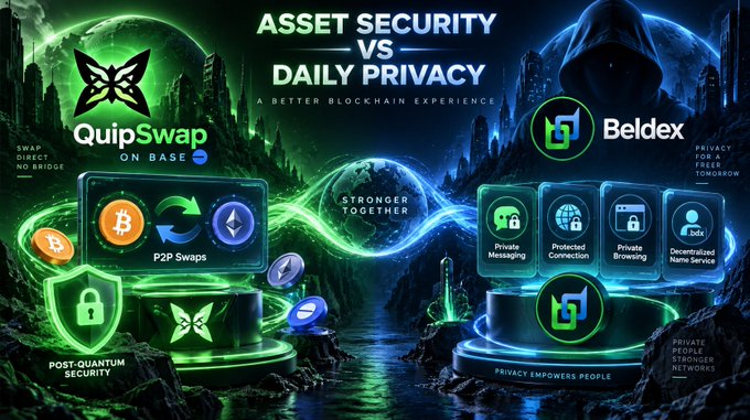 A promotional graphic titled 'ASSET SECURITY VS DAILY PRIVACY' advertising blockchain services QuipSwap on Base and Beldex, highlighting features like P2P Swaps, post-quantum security, private messaging, and decentralized name services.