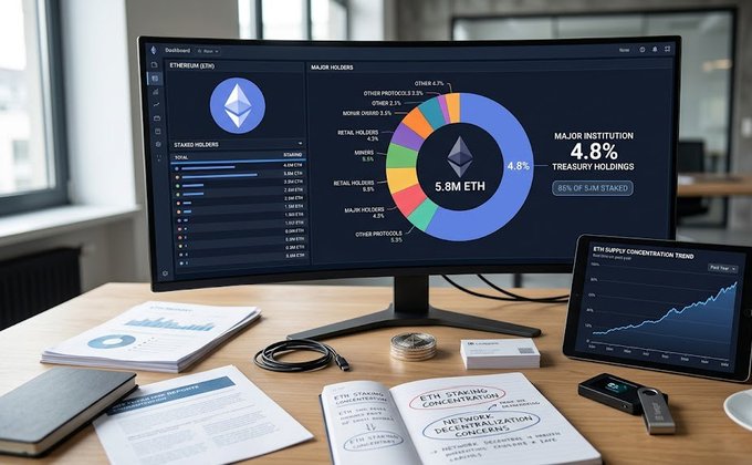 A desk setup displaying financial and crypto data; a large monitor shows an Ethereum dashboard with a donut chart indicating '4.8% TREASURY HOLDINGS' and '5.8 M ETH', while a smaller tablet displays a line graph titled 'ETH SUPPLY CONCENTRATION TREND'.