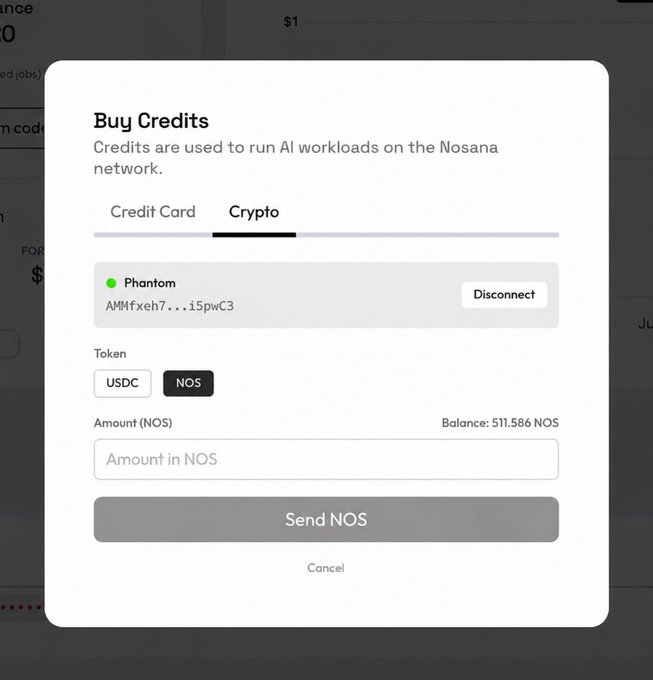 The image shows a "Buy Credits" modal on the Nosana platform with the Crypto tab selected, displaying a connected Phantom wallet (address AMMfxeh7...15pwC3) with a balance of 511,586 NOS, and options to pay using USDC or NOS tokens. This relates to the post by demonstrating the new feature that allows users to purchase credits on Nosana using cryptocurrency (NOS or USDC) through a connected Solana wallet like Phantom, as an alternative to the credit card option.