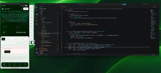 A desktop screenshot displaying a code editor (VS Code) alongside a chat interface called "Sealed" with green branding.