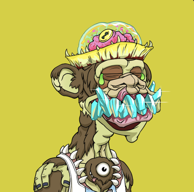 A cartoon illustration of a grotesque monkey-like creature with an exposed brain on its head and diamond-shaped teeth on a yellow background.