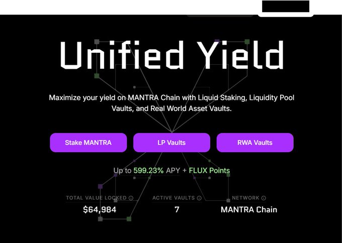 A dark webpage titled 'Unified Yield' for MANTRA Chain, offering up to 599.23% APY and FLUX Points, with purple buttons for Stake MANTRA, LP Vaults, and RWA Vaults.