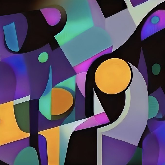 An abstract digital artwork featuring a vibrant cubist composition of geometric shapes in purple, teal, orange, and black tones.