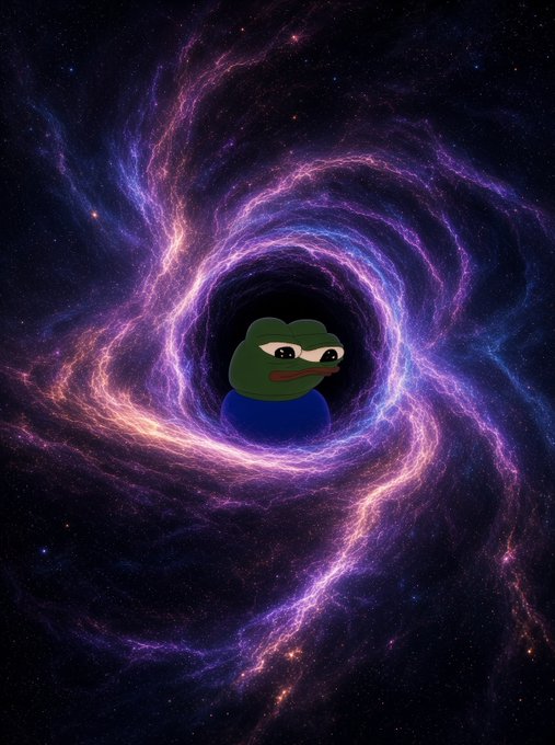 A sad Pepe the Frog meme character placed within a swirling purple and orange cosmic wormhole or galaxy.