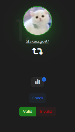 A mobile app screen shows a user profile 'Stakesgo97' with a cat avatar and buttons labeled 'Check', 'Valid', and 'Invalid'.