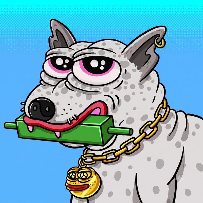A cartoon illustration shows a stylized white spotted dog with large pink eyes wearing a thick gold chain with a peace-sign pendant, holding a green object in its mouth against a blue dotted background.
