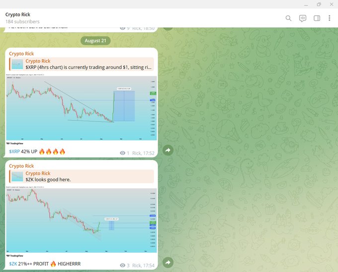 A screenshot of a Telegram channel "Crypto Rick" (184 subscribers) dated August 21 displays two bullish trading calls: XRP up 42% on the XRP/USDT 4-hour chart, and ZK up 21%+ with a "HIGHEERR" annotation on the ZK/USDT chart, illustrating the channel's recent profitable crypto predictions.