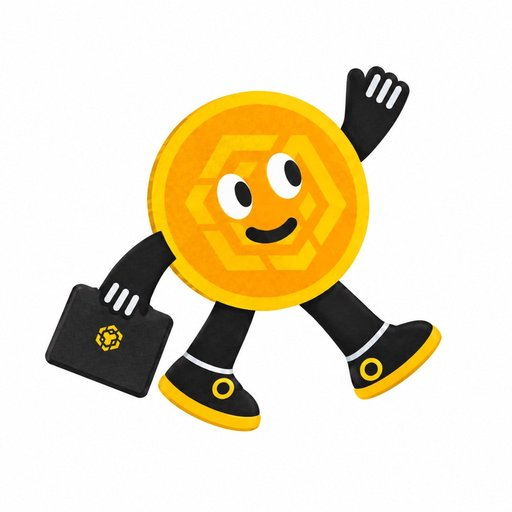 A cute cartoon mascot character shaped like a gold hexagonal coin with a smiling face, black arms and legs, wearing shoes, and carrying a black briefcase with a logo on it.