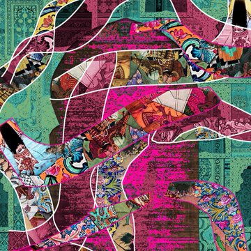 A vibrant, chaotic collage artwork featuring a female figure composed of layered pink, green, and teal patterns, Japanese-style imagery, currency notes, and swirling line elements.