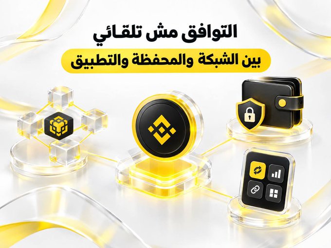 A Binance Arabic-language promotional graphic with the headline 'التوافق المثالي بين الشبكة والمحفظة والتطبيق' (The perfect match between network, wallet, and application), displaying Binance's yellow diamond logo, a wallet icon, and security/interchange symbols.