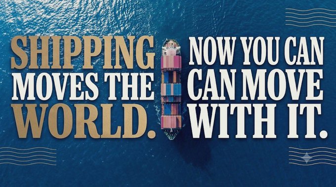 A cargo ship floats on deep blue water, accompanied by the bold text: "SHIPPING MOVES THE WORLD. NOW YOU CAN MOVE WITH IT." The imagery visually reinforces the post's message about EthraShip, highlighting how blockchain integration adds real value to the global maritime industry rather than just surface-level tracking, aligning the scale of global shipping with the protocol's purpose.