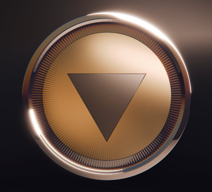 A 3D rendering of a gold-colored coin or token featuring a downward-pointing triangle symbol in the center against a dark background.